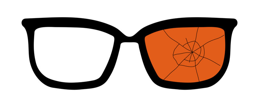 Eye glasses, spectacles in vintage frame with orange lenses, one lens cracked, one missing illustration isolated. Halloween costume accessory. Holiday clip art, design element. Hand drawn vector
