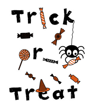 Cute spider, Halloween candy, text Trick or Treat illustration isolated. Autumn holiday celebration, fun, card, invite, banner design element. Hand drawn vector clip art on transparent background