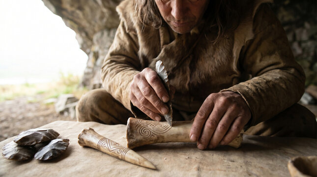 Close-Up of Man Carving Intricate Patterns Onto Bone Artifact