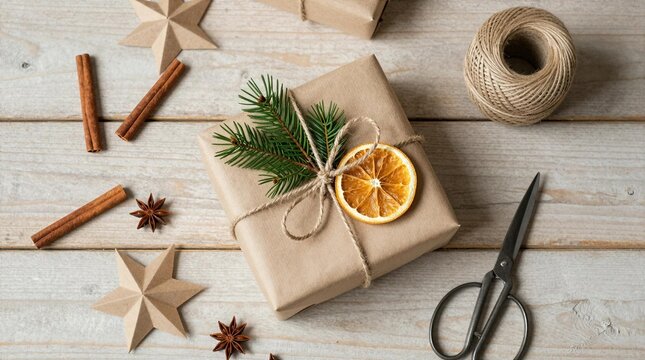 Gift wrapping with natural elements on a wooden table during the holiday season