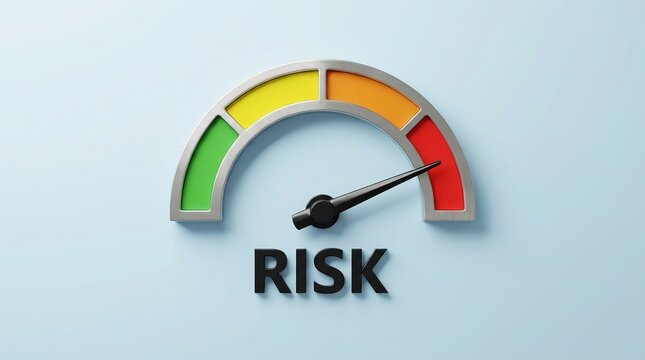 A conceptual gauge showing a high risk level with a needle pointing into the red zone on a light blue background surface