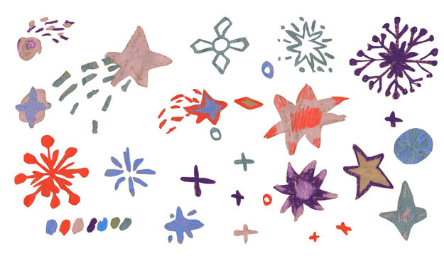 A collection of New Year's illustrations drawn with wax crayons on a white isolated background. Clip art featuring snowflakes, stars, pollen, glitter, and the sparkle of Christmas images.