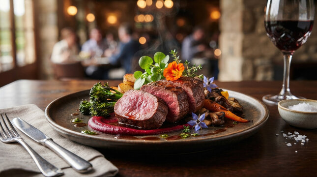 Sliced medium rare kangaroo steak with roasted vegetables. Gourmet restaurant presentation of exotic game meat on a dark plate