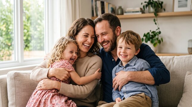 Loving Parents Embracing Their Son and Daughter in a Warm Family Hug