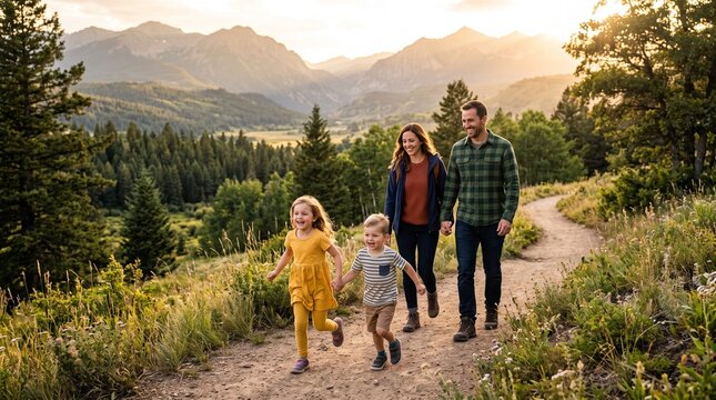 Happy Family Enjoying an Outdoor Adventure and Quality Time Together in Nature