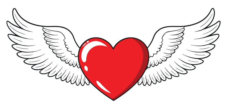 Red heart with white angel wings on a white background