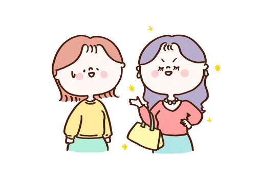 Woman bragging and looking down on her friend who is listening with a wry smile, toxic friendship or mounting concept