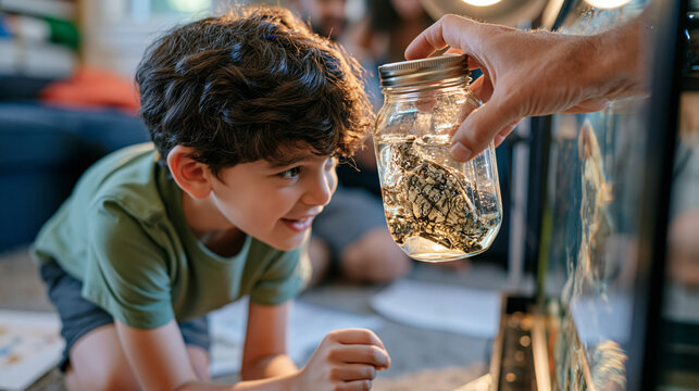 Marine biologist child peering through a home aquarium glass at a sea creature sample jar held up by a parent researcher, modest living room setting transformed into an impromptu lab, specimen notes
