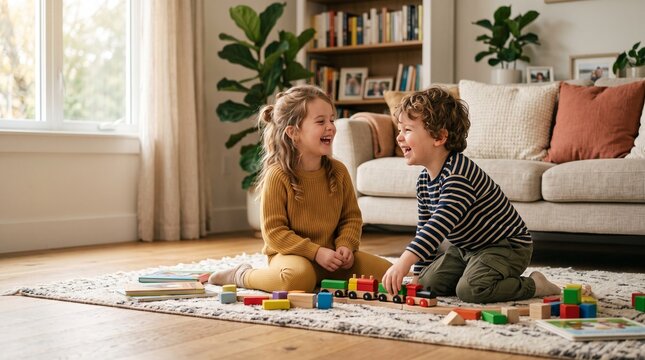 Happy Brother and Sister Playing Together and Enjoying Childhood at Home