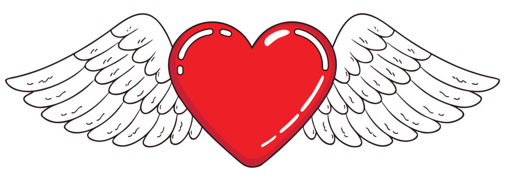 Red heart shape with white angel wings on white background