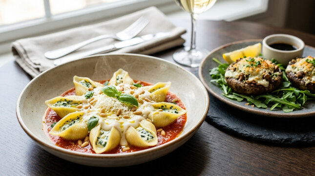 Stuffed pasta shells with spinach and ricotta in tomato sauce. Italian conchiglioni with baked stuffed portobello mushrooms and white wine