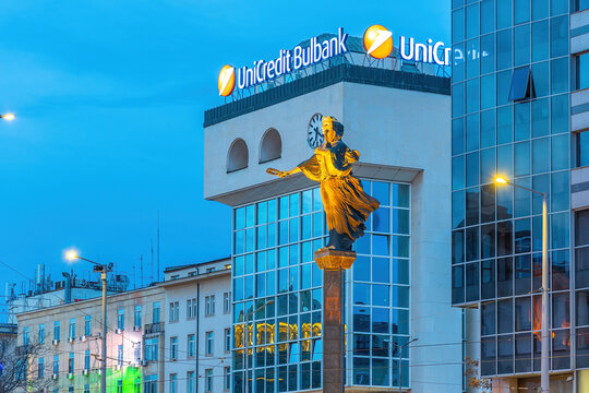 The Statue of Saint Sofia (Sveta Sofia) illuminated at blue hour in the city center