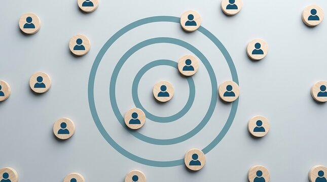 A conceptual image showing wooden tokens with person icons arranged in concentric circles representing social distancing or target audience selection and networking