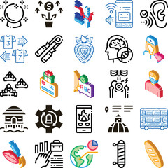 Fototapeta premium Set of various line art icons depicting diverse concepts including financial growth, health issues, communication, education, travel, food, and services