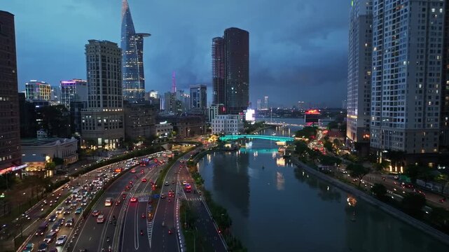 Night Traffic and Skyline Along Vo Van Kiet Boulevard in Ho Chi Minh City