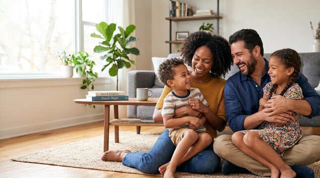 Happy Family Celebrating National Son and Daughter Day Together at Home