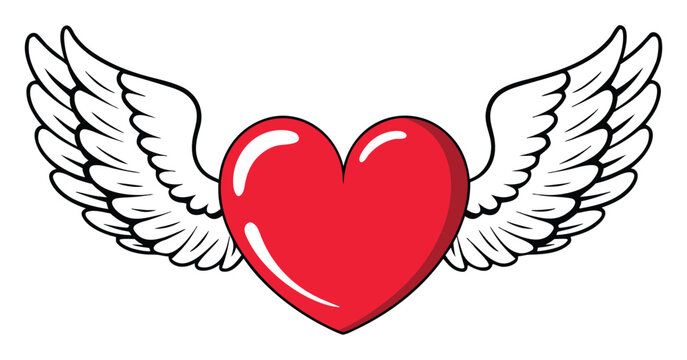 Red heart with white angel wings isolated on white background