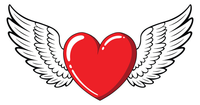 Illustration of a red heart with white angel wings isolated
