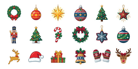 Fototapeta premium Festive Christmas Icons Collection: Ornaments, Trees, Santa Hat, Reindeer, Gifts