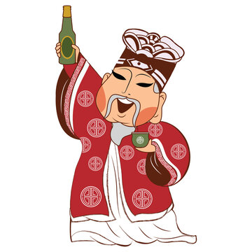 Chinese emperor cheering holding liquor bottle and sake cup vector illustration