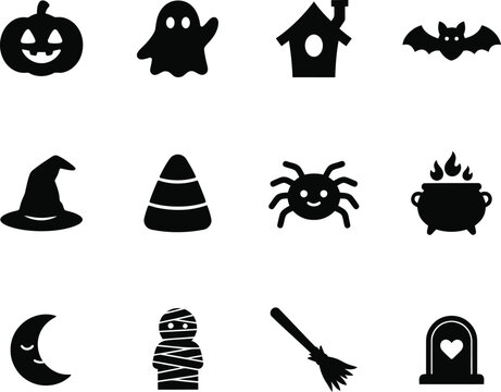 Cute Halloween black icon silhouettes set featuring simple flat shapes of pumpkin ghost house bat witch hat candy corn spider cauldron moon mummy broom and tombstone.