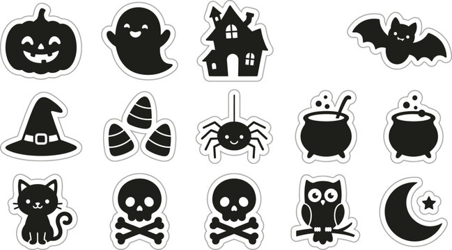 Cute Halloween sticker vector design set with white borders featuring black silhouette shapes of pumpkin ghost house bat witch hat candy corn spider cauldrons cat skulls owl and moon.