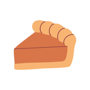 Flat vector illustration with a slice of sweet pumpkin pie. Clip art for bakery logo, cafe menu, or poster design. Minimalist drawing of cheesecake dessert isolated on a white background.