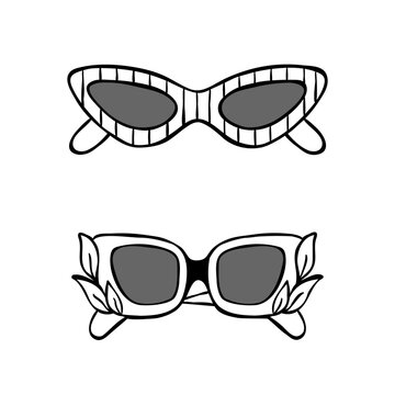 Hand-drawn pair of sunglasses with different shape. Minimalist line illustration of fashion accessory. Clip art for summer design, poster, prints, or stickers. 