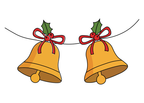 Two golden christmas bells tied with red ribbon and holly leaves for festive holiday season vector art