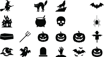 Fototapeta premium Spooky Halloween black icon silhouettes graphic set featuring flying witch cat howling wolf bats house cauldron skull spider coffin pitchfork pumpkins scarecrow moon ghost gravestone and zombie hand.