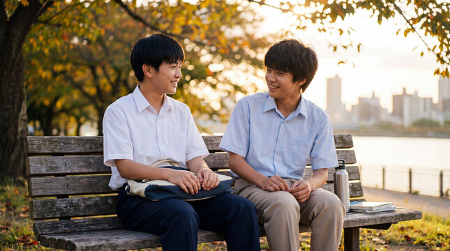 秋の川沿いのベンチで仲良く勉強しながら話す男子中学生 ｜ 温かみのある光