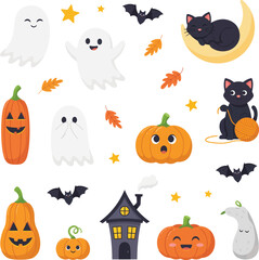 Fototapeta premium Spooky seasonal holiday asset bundle containing various icons of grinning pumpkins crescent moon sleeping cat flying bats tiny house and smiling friendly ghosts vectors.
