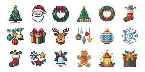 Fototapeta premium Pixel Art Christmas Icons Set: Tree, Santa, Reindeer, Gifts, Snowflakes, Ornaments