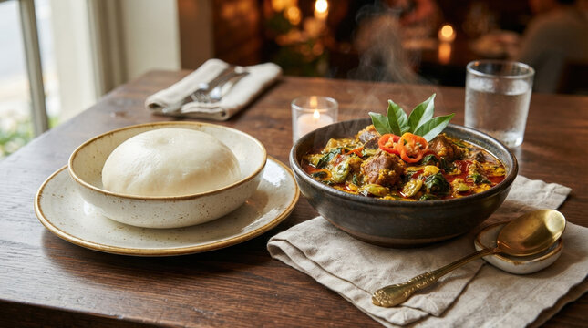 Traditional West African fufu served with a rich meat and vegetable stew. Authentic African cuisine in a warm restaurant setting