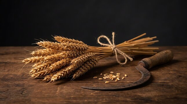 Bundle of golden wheat stalks tied with twine beside a rustic sickle on a wooden table, symbolizing harvest season, agriculture and rural farming tradition.