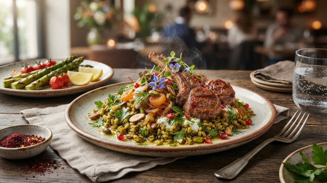 Gourmet freekeh with grilled lamb chops and pomegranate seeds. Middle Eastern restaurant food photography with steam rising
