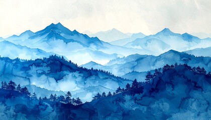 Obraz premium Blue Watercolor Landscape Painting of Misty Mountains and Pine Trees