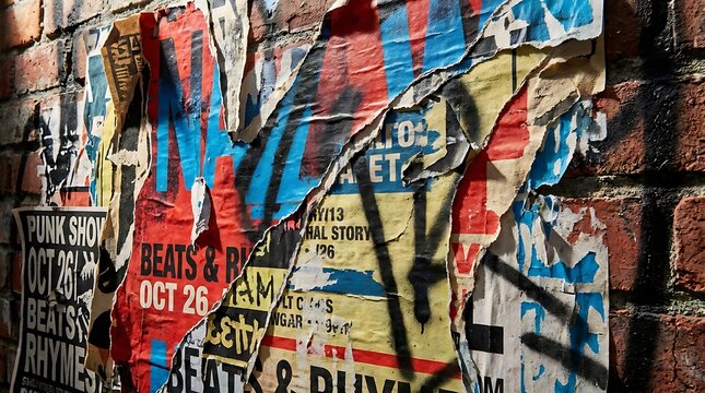 Torn Layered Street Posters and Graffiti on Grunge Brick Wall as an Urban Street Art and Vintage Advertising Texture Background