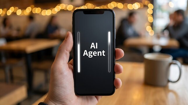 Hand holding a smartphone displaying "AI Agent" text on screen in a cozy caf&eacute; with warm bokeh lights, symbolizing artificial intelligence, digital assistant technology and modern innovation.