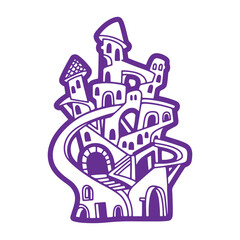 Fototapeta premium Stylized purple of a whimsical fantasy castle with multiple towers and winding staircases, shown on a white background