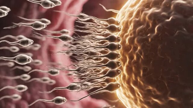 Microscopic view of sperm cells racing toward an egg for fertilization in the fallopian tube