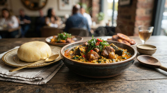 Steaming bowl of traditional Nigerian Egusi soup with fufu. Authentic African cuisine served on a wooden table in a restaurant. Egusi soup and pounded yam meal