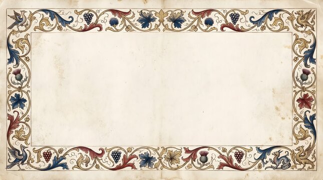 Decorative Medieval Illuminated Manuscript Style Floral Frame and Border Design