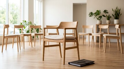 Fototapeta premium Modern minimalist meeting room with wooden chairs and green plants in a bright office space.