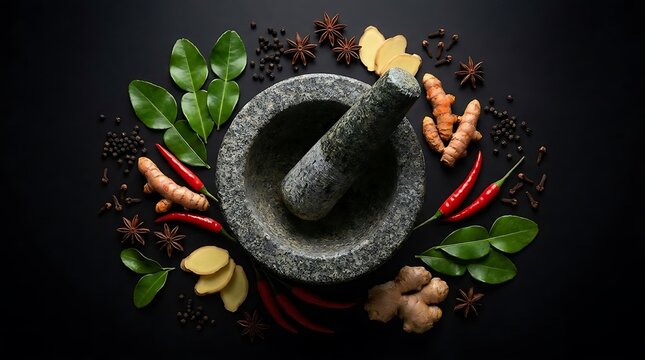 Stone mortar and pestle surrounded by fresh spices.