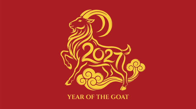 Chinese New Year 2027 Year of the Goat vector illustration, golden goat zodiac animal with traditional clouds on red background, lunar new year celebration graphic for greeting cards