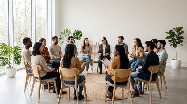 Diverse group of people sitting in a circle for a support group meeting.