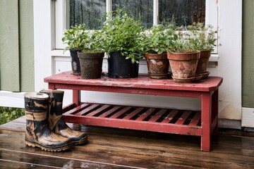 Fototapeta premium A cabin entrance with boot rack and hardy potted plants, accented by clean Scandinavian styling, low-angle view after rain.