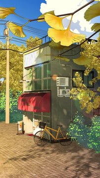 Autumn Japanese Cafe and Ginkgo Trees - vertical 4K