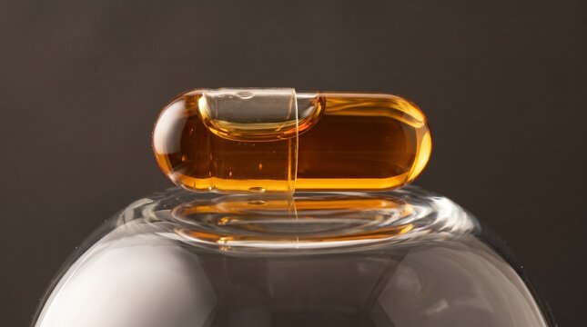 This image features a detailed macro close-up of a two-piece clear capsule filled with a rich, golden liquid oil. The capsule rests horizontally atop a smooth, reflective glass sphere. Set against a d